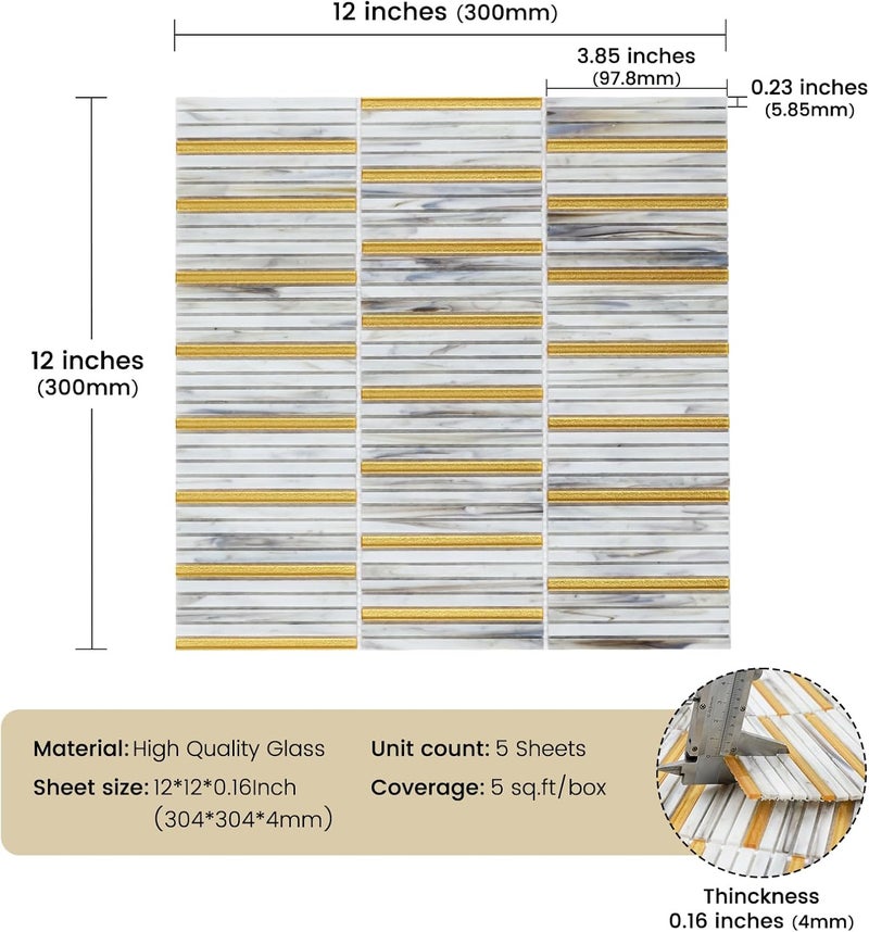 Adedeo Glass Backsplash Mosaic Tile Dazzling Gold White 12 x 12 Inch for Kitchen Backsplash Bathroom and Shower (5-Pack, 5 sq.ft.) - Image 3